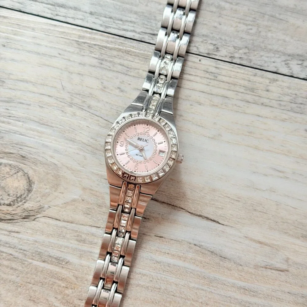 Relic Pink Dial Silver Tone Rhinestone Watch Y2K Glam Crystal Bracelet Date